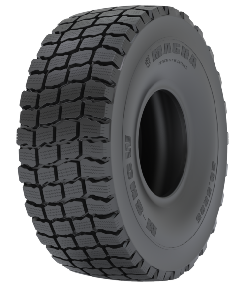 Magna M-SNOW earthmoving tire for Wheel Loaders, Scrapers, and Dozers, featuring a winter compound for enhanced traction on snow, ice, and mud.