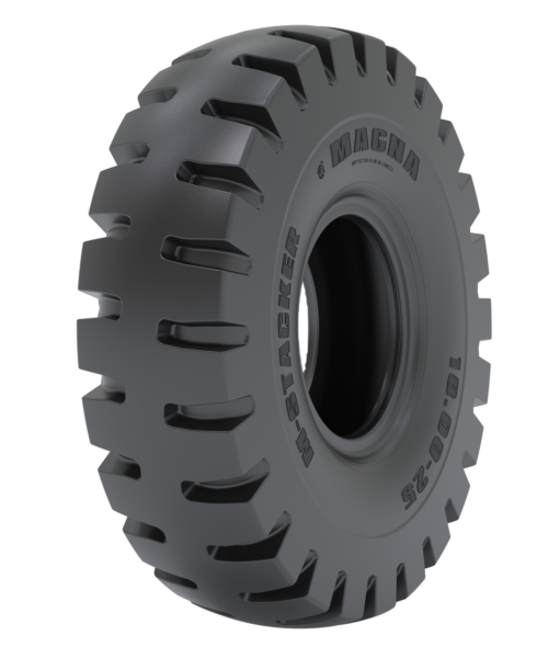 Magna M-STACKER tyre fitted on a reach stacker, designed for maximum traction and durability in demanding port and logistics environments