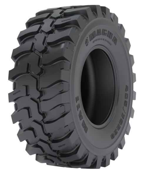 MA11 construction tyre designed for a compact wheel loader, designed for optimal grip and wear resistance on rough terrains.